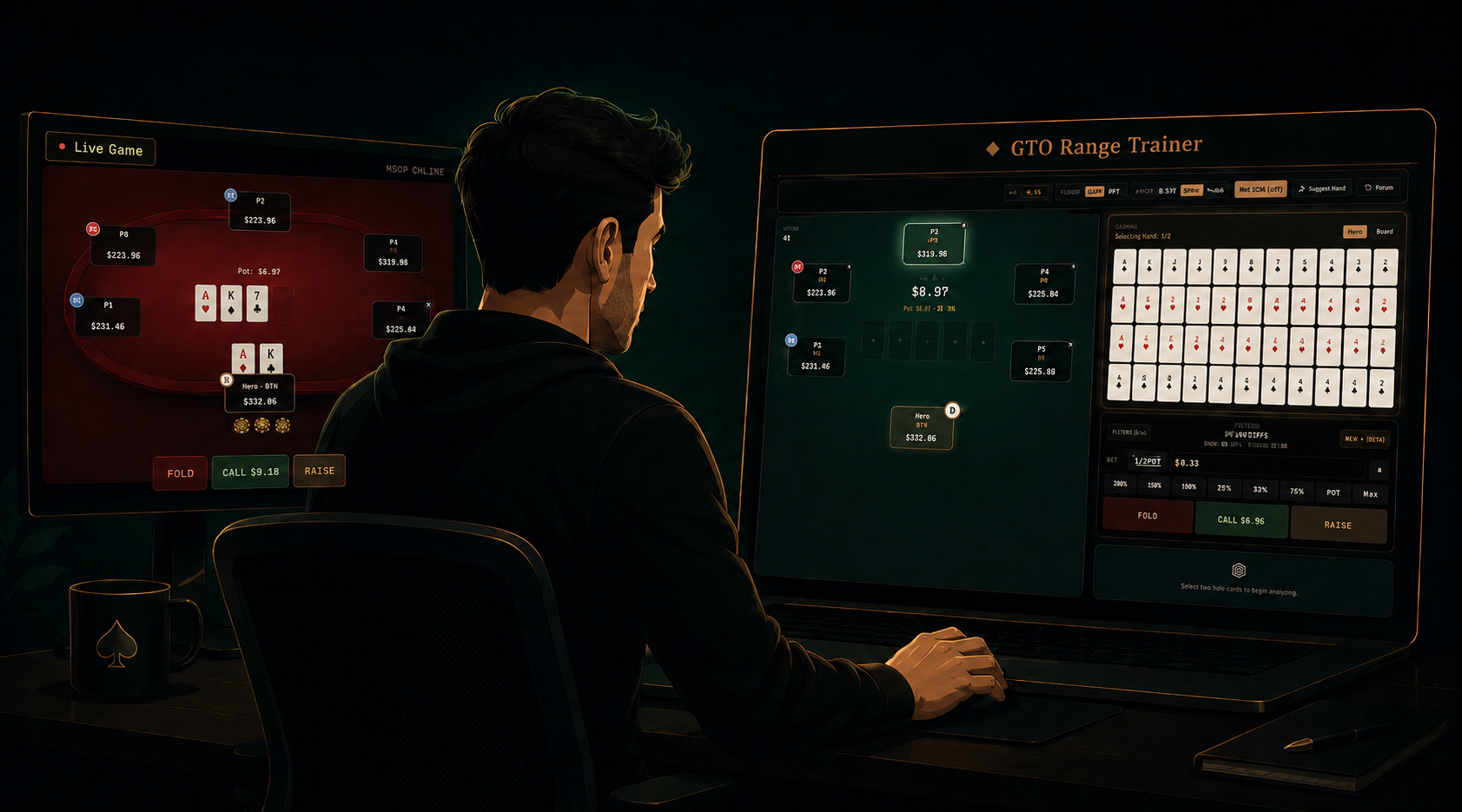 Player using GTO Range Trainer beside a live WSOP online game on dual monitors