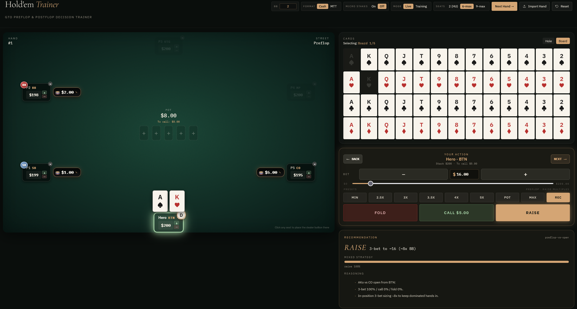 GTO Range Trainer showing a 3-bet recommendation with sizing and reasoning