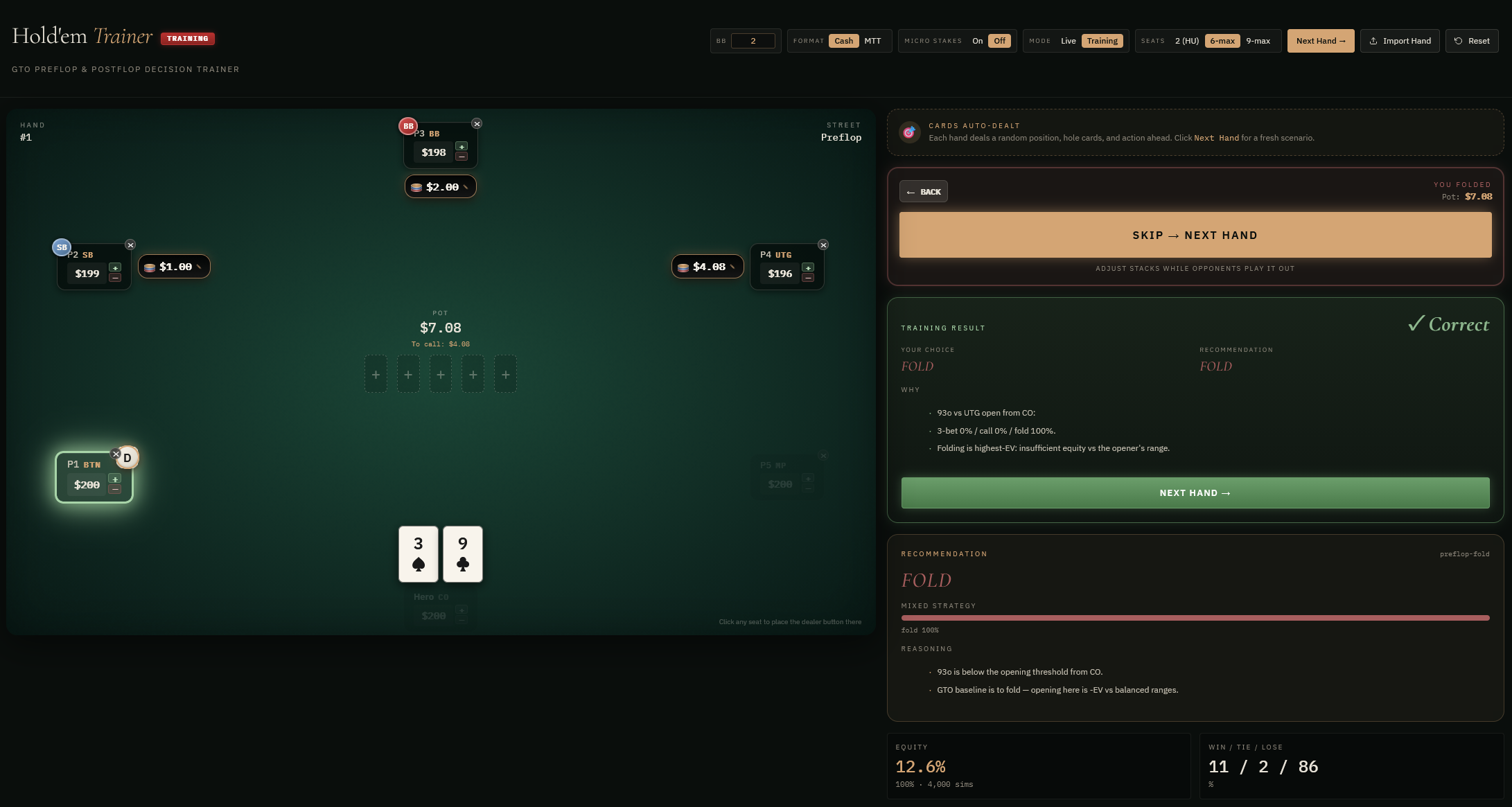 Training mode showing a correct fold decision with explanation